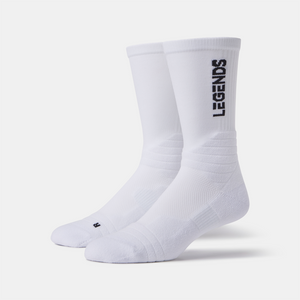 Pair of white crew socks with "LEGENDS" text printed vertically on the side and small logo on the foot.