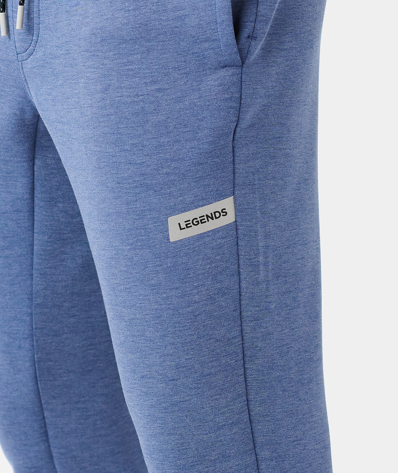 Heather blue joggers with "LEGENDS" woven label on thigh and side pocket detail. - 5