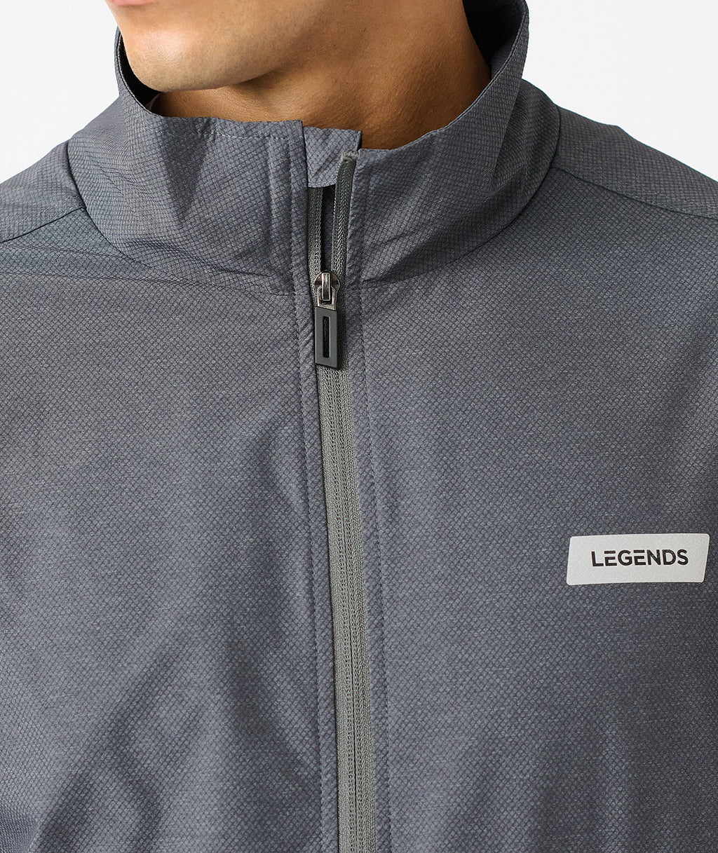 Charcoal full-zip jacket with textured fabric, mock neck collar, and "Legends" brand label on chest. - 8