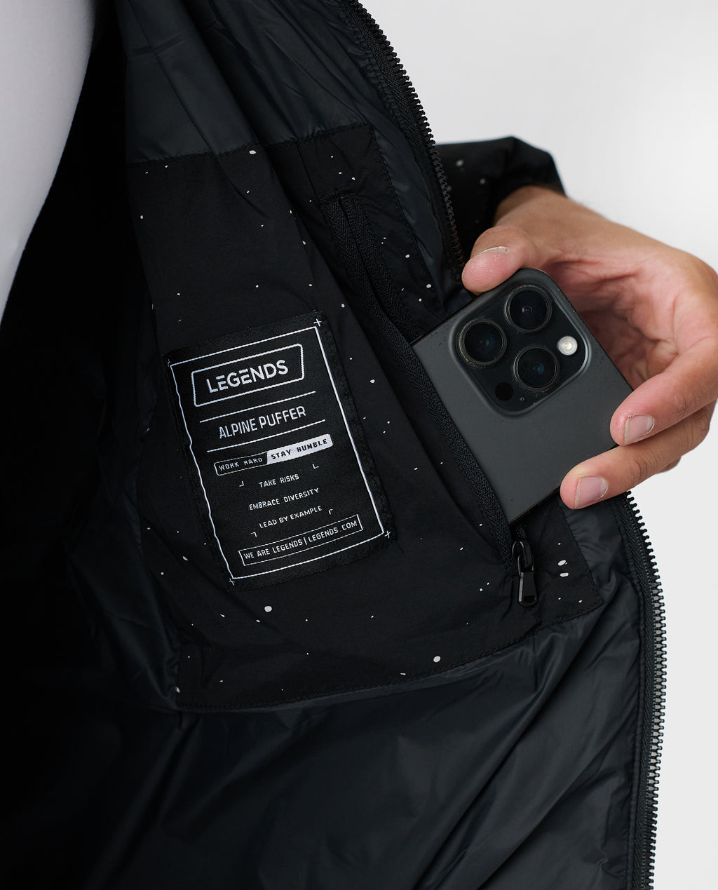 Alpine Puffer Jacket Black White Splatter