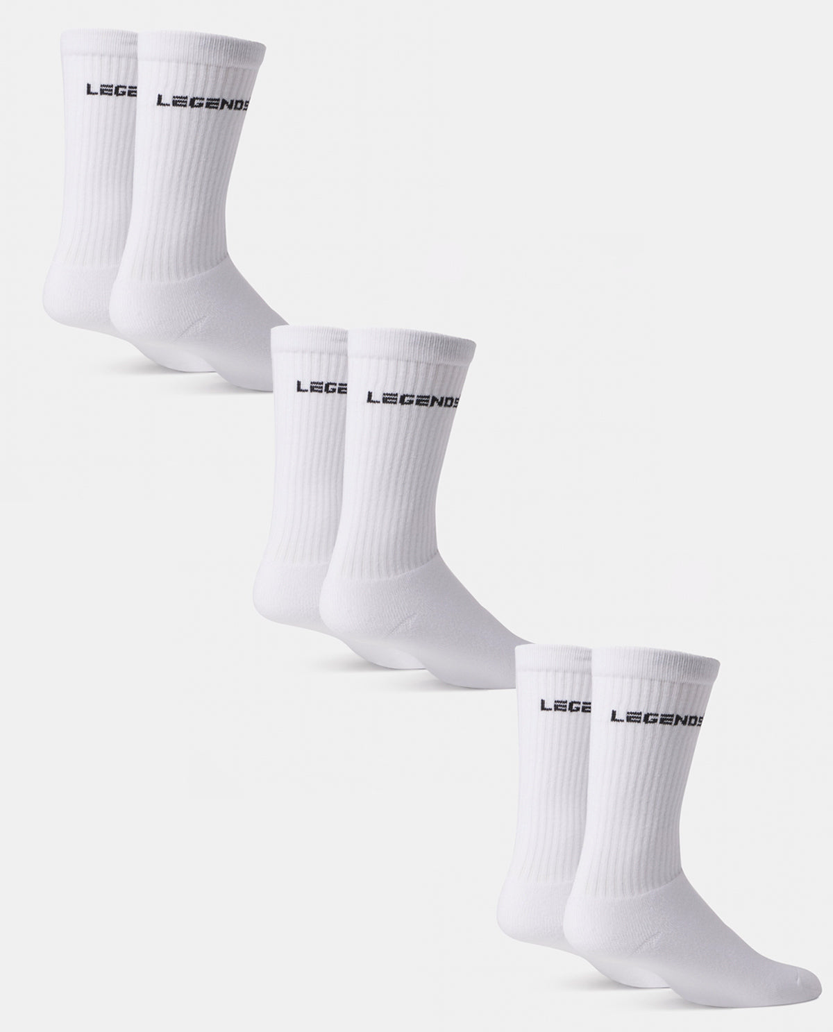 Three pairs of white crew socks with ribbed texture and black brand text on cuff.